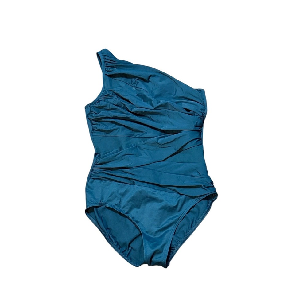 Miraclesuit Womens Jena Swimsuit 16 18 Teal One Shoulder One Piece Tummy Control - Picture 2 of 9